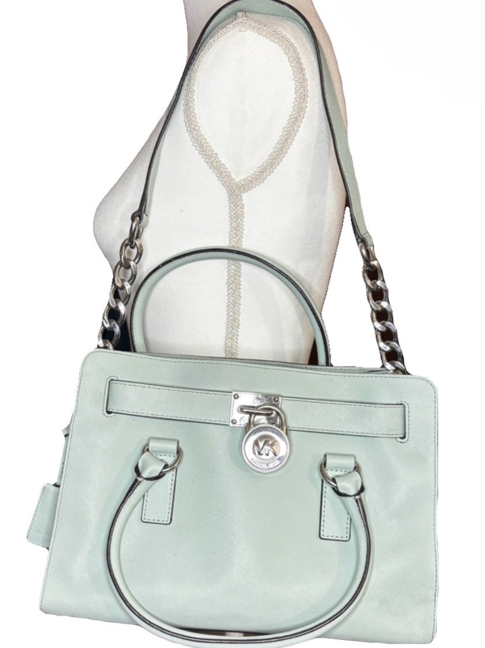 Michael Kors Hamilton Mint Green Saffiano Leather Satchel Tote Silver Lock Bag - Picture 15 of 16